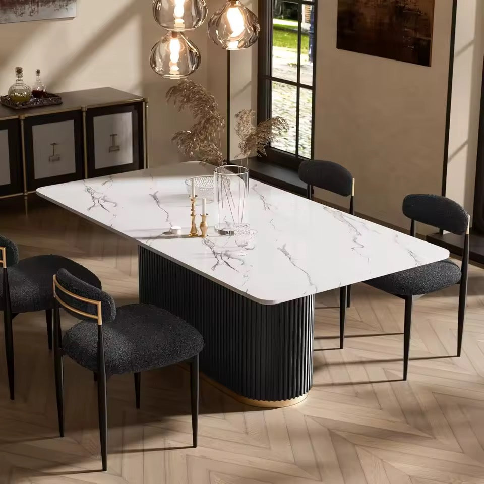 70” White Faux Marble Dining Table with Black Fluted Base, Seats 6–8