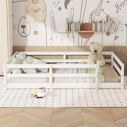 Full Size Montessori Bed - White Floor Bed with Rails - Toddler Bed