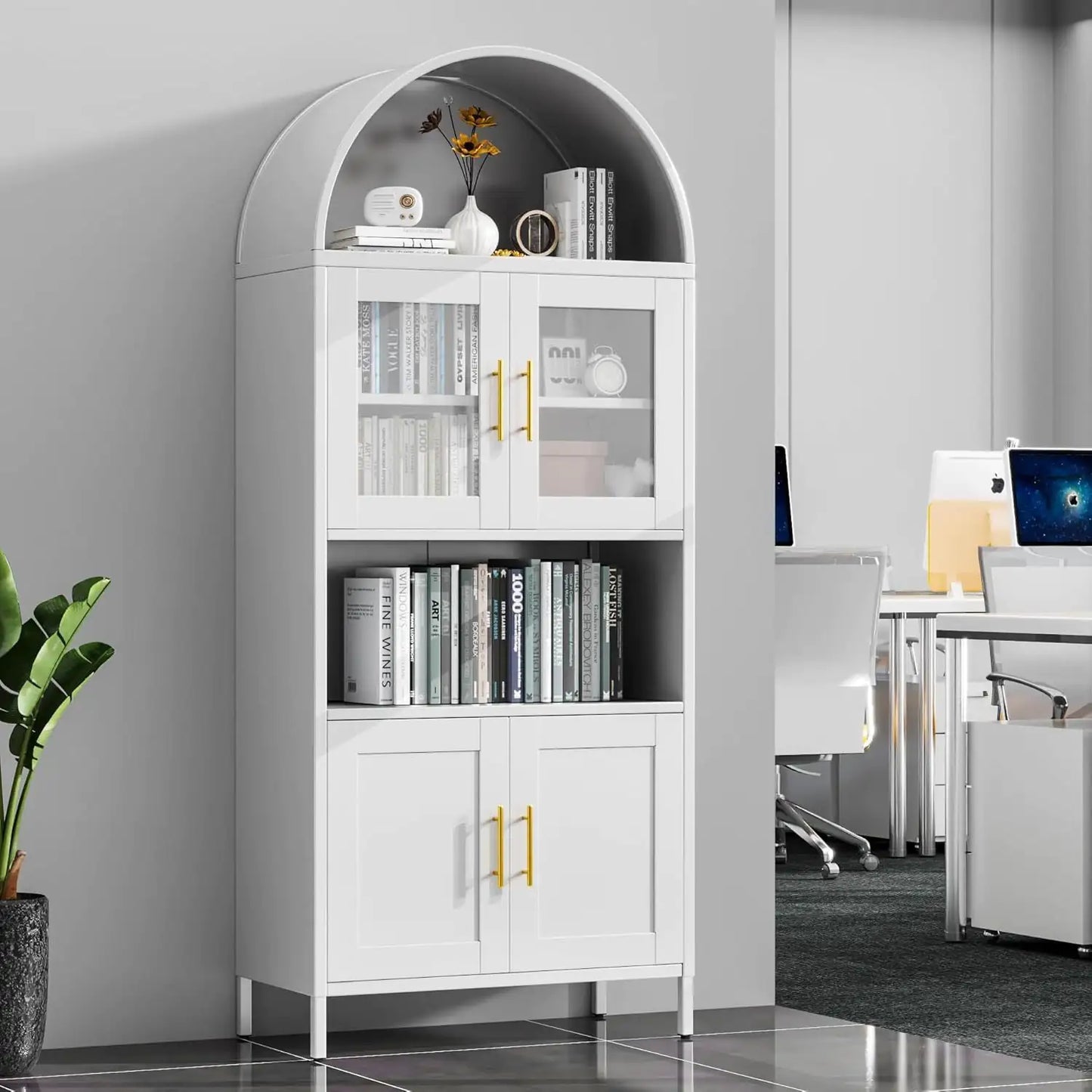 Tall White Arched Metal Display Cabinet, Glass Door Bookcase