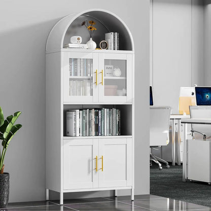 Tall White Arched Metal Display Cabinet, Glass Door Bookcase
