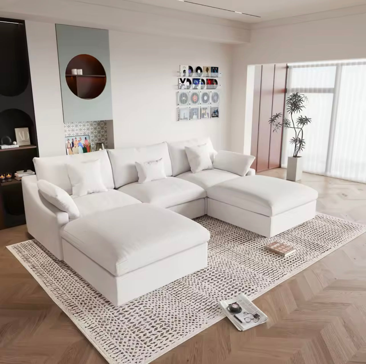 120” L-Shaped White Sectional Sofa, Modular Couch with Ottoman