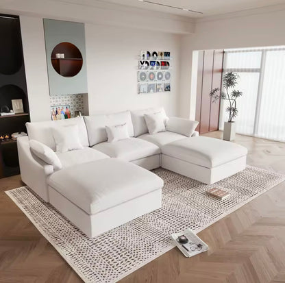 120” L-Shaped White Sectional Sofa, Modular Couch with Ottoman