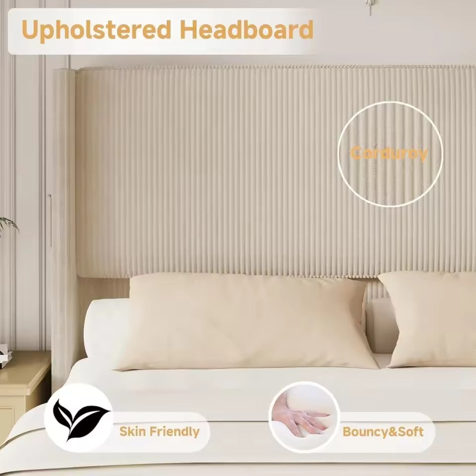Upholstered Bed Frame with USB Ports, Tall Wingback Headboard