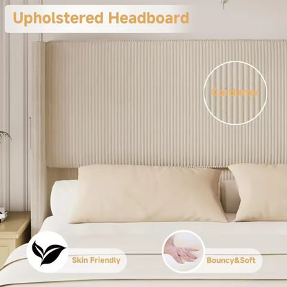 Upholstered Bed Frame with USB Ports, Tall Wingback Headboard