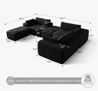 L-Shaped Cloud Sectional Couch, Oversized Modular Corduroy Sofa