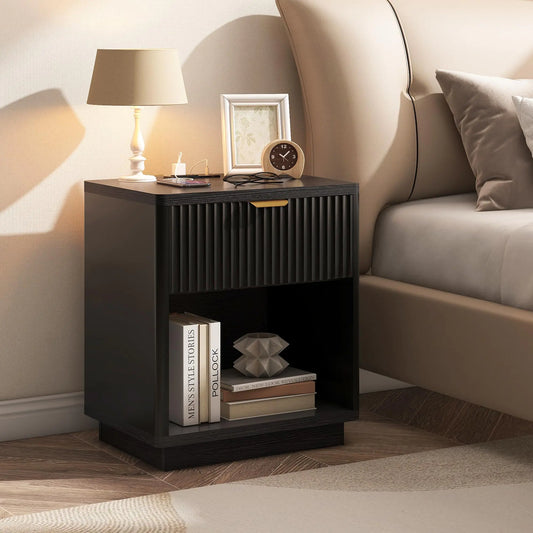 Black Fluted Nightstand with Drawers & Charging