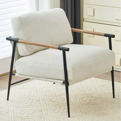 Modern White Mid Century Accent Chair with Cushion, Chenille Chair