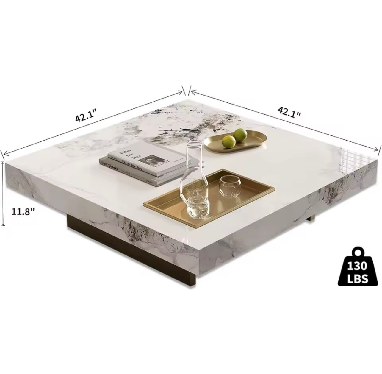 42” Square Marble Coffee Table with Gold Stainless Steel Base, White