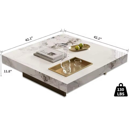 42” Square Marble Coffee Table with Gold Stainless Steel Base, White