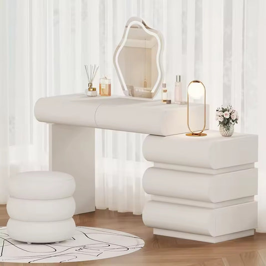 White Vanity Set with LED Mirror, Cloud Stool & Adjustable Storage