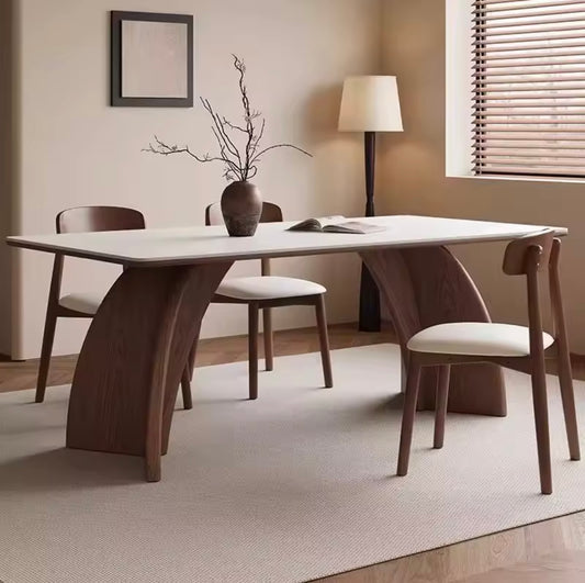 Rock Slab Dining Table with Solid Wood Base and 4 or 6 Chairs