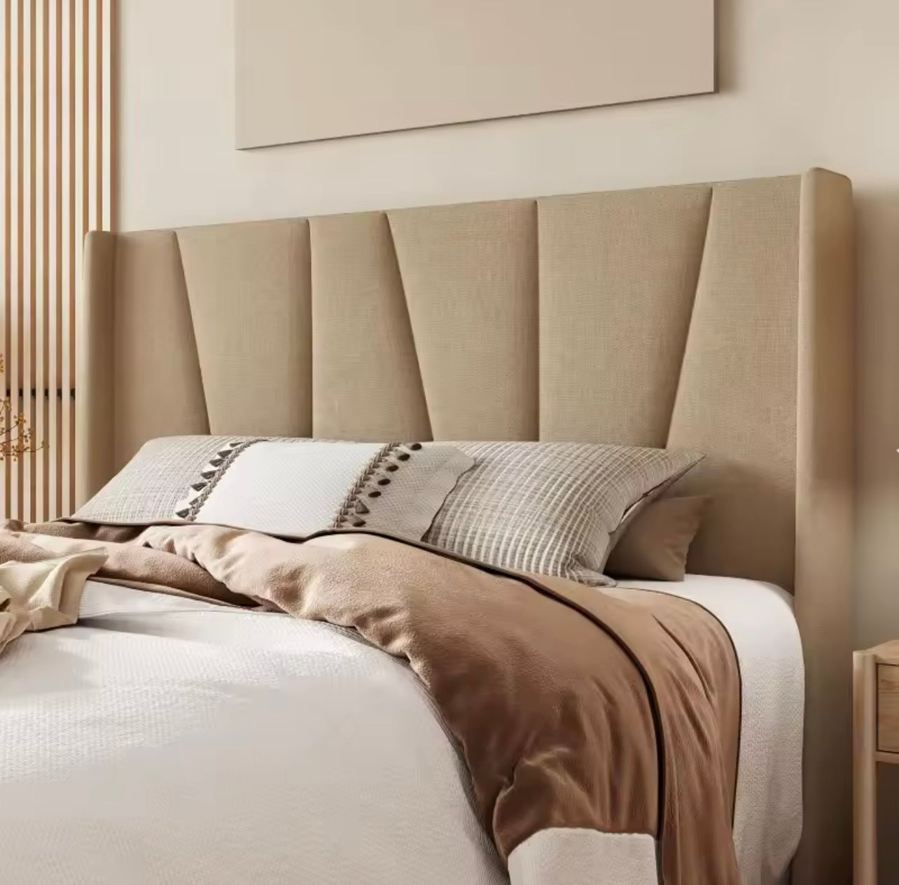 Beige Upholstered Queen Bed Frame with Geometric Wingback Headboard