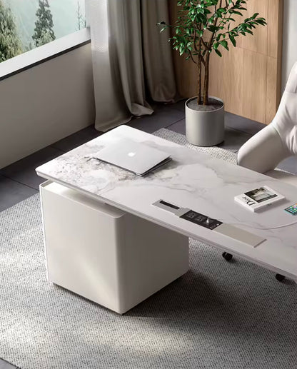 Contemporary Rock Slab Office Desk with USB and Storage, White
