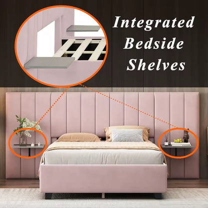 Pink Velvet Upholstered Queen Size Bed with Integrated Besides Shelves