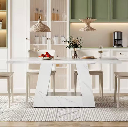White Marble Rectangular Dining Table for 4-6, Trapezoidal Legs