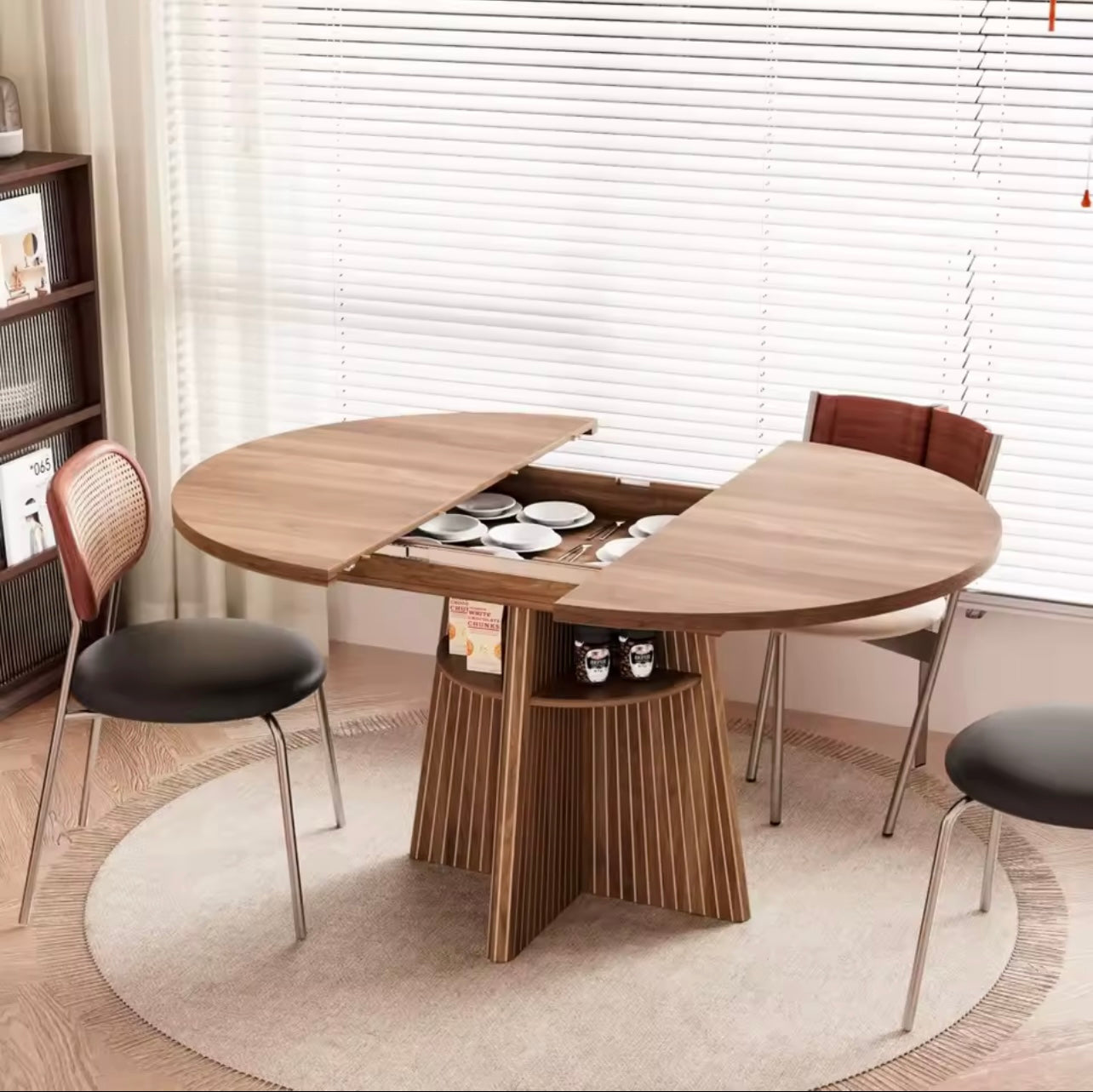 Extendable Round Dining Table with Storage Shelves for 4-8, Walnut