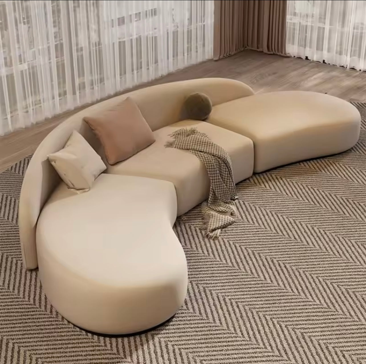 Ergonomic Curved Velvet Modular Sofa in Beige