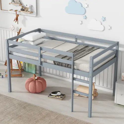 Rubber Wood Twin Loft Bed with Ladder, Grey Kids Platform Bed
