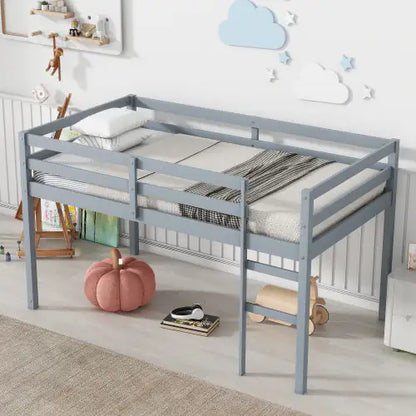 Rubber Wood Twin Loft Bed with Ladder, Grey Kids Platform Bed