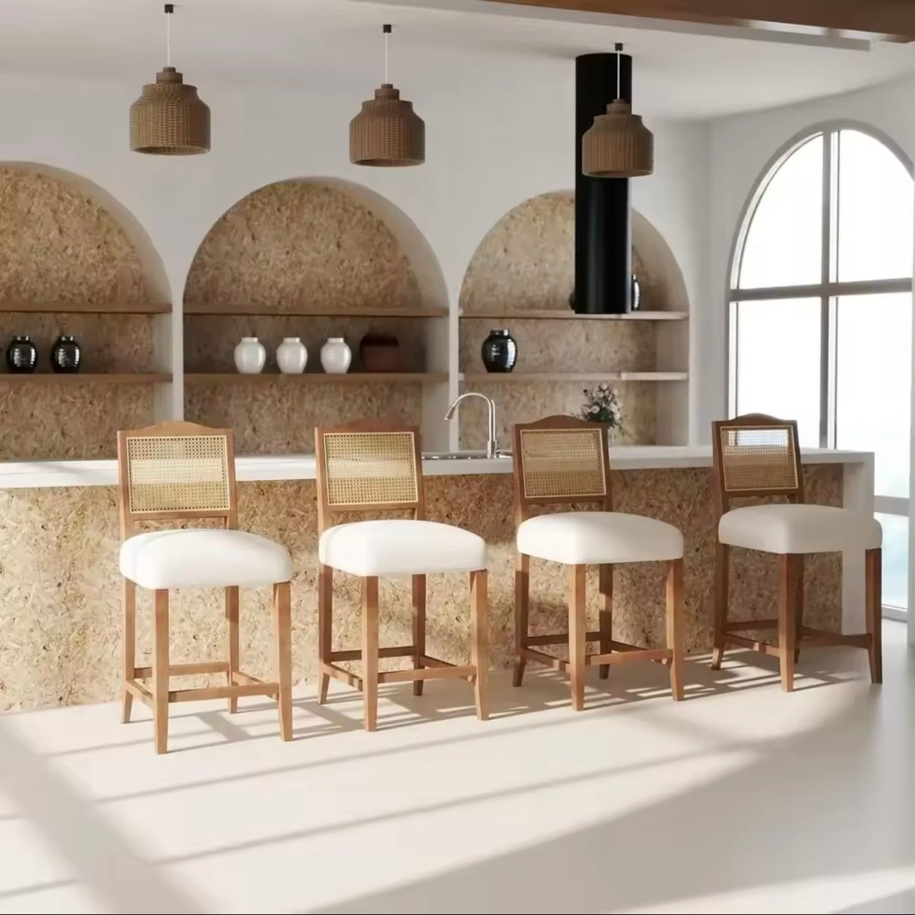 Set of 4 Rattan Barstools, Mid Century Counter Height Stools