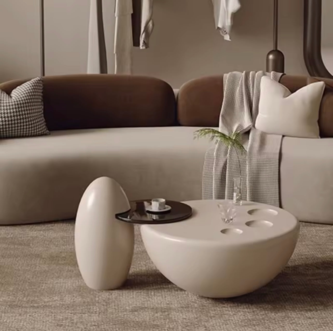 Beige & Brown Modern Curved Sofa, Neutral Velvet Upholstered Couch