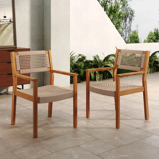2 Teak/Natural Braided Rope Outdoor Chairs