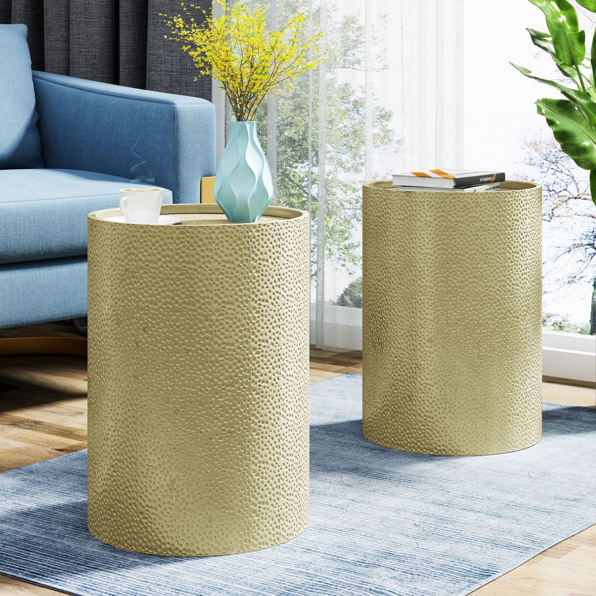 Set of 2 Gold Side Tables, Accent Table with Hammered Surface