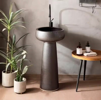 Black Ceramic Column Wash Basin, Outdoor & Bathroom Pedestal Sink