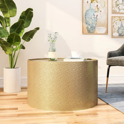 Metal Round Coffee Table, Gold Accent Table with Hammered Surface