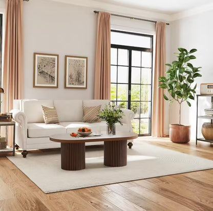 Mid Century Oval Coffee Table, Walnut Wood Fluted Center Table