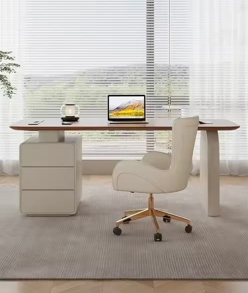 Walnut Wood Executive Desk with Storage Drawers & Built-In Charging