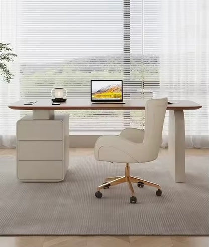 Walnut Wood Executive Desk with Storage Drawers & Built-In Charging