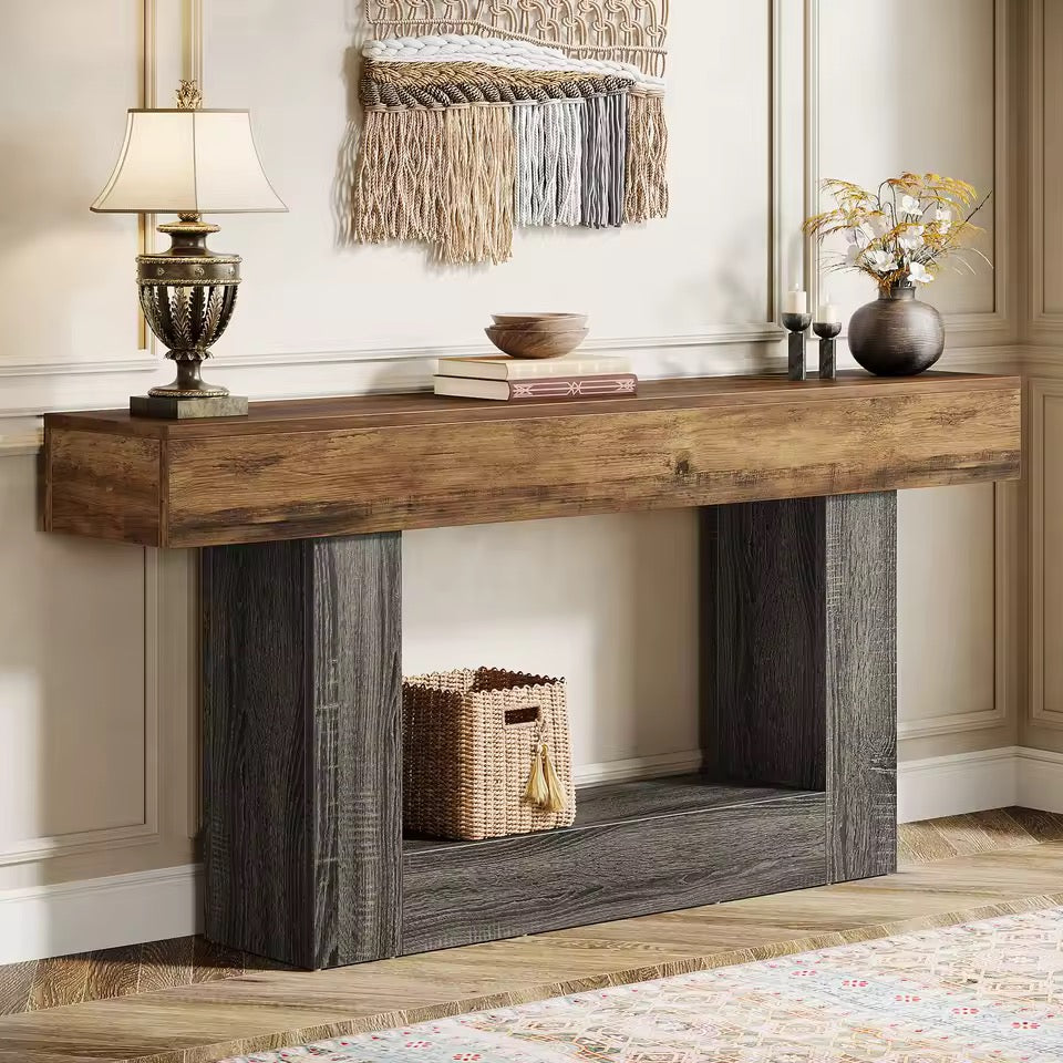 63” Farmhouse Console Table with U-Shaped Base and Lower Shelf