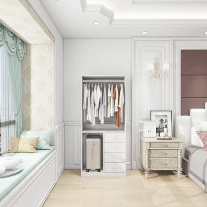 White Wood Wardrobe, Closet Organizer with Hanging Rod