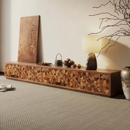 Elmwood Japanese TV Console, Hand-Carved Wooden Media Cabinet
