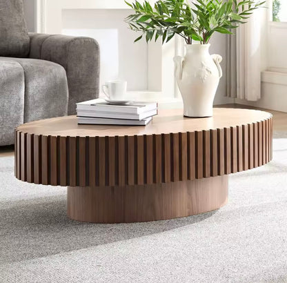 43.3” Walnut Round Coffee Table, Modern Rustic Wooden Drum Table