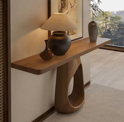Retro Minimalist Solid Wood Console Table with Artistic Oval Base
