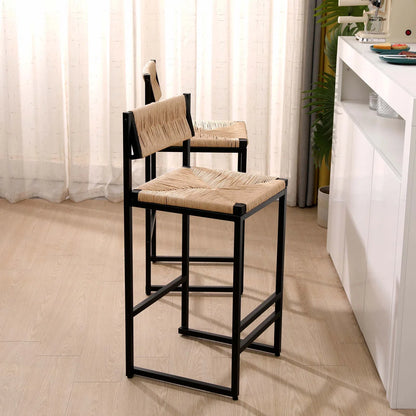 Set of 2 Bar Stools - Honey Counter Height Stools with Paper Rope Seats