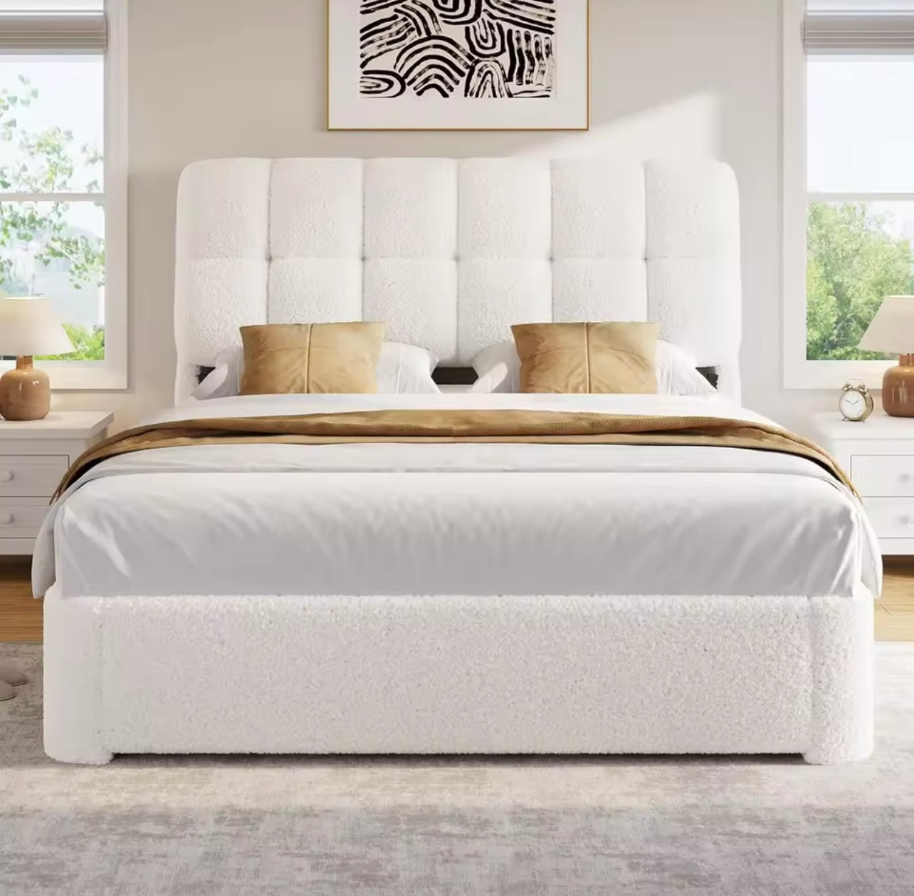 Boucle Upholstered Cloud Bed Frame,  Cream Queen Size Tufted Bed