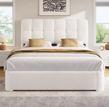Boucle Upholstered Cloud Bed Frame,  Cream Queen Size Tufted Bed