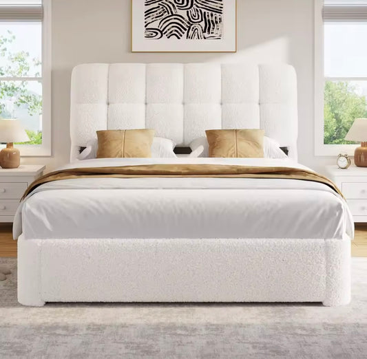 Boucle Upholstered Cloud Bed Frame,  Cream Queen Size Tufted Bed