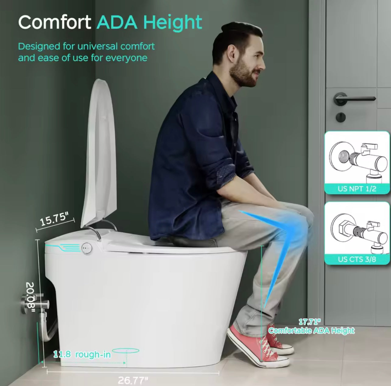 Smart Bidet Toilet, ADA Height, Heated Seat, Voice Control, Auto Deodorization & Dual Flush