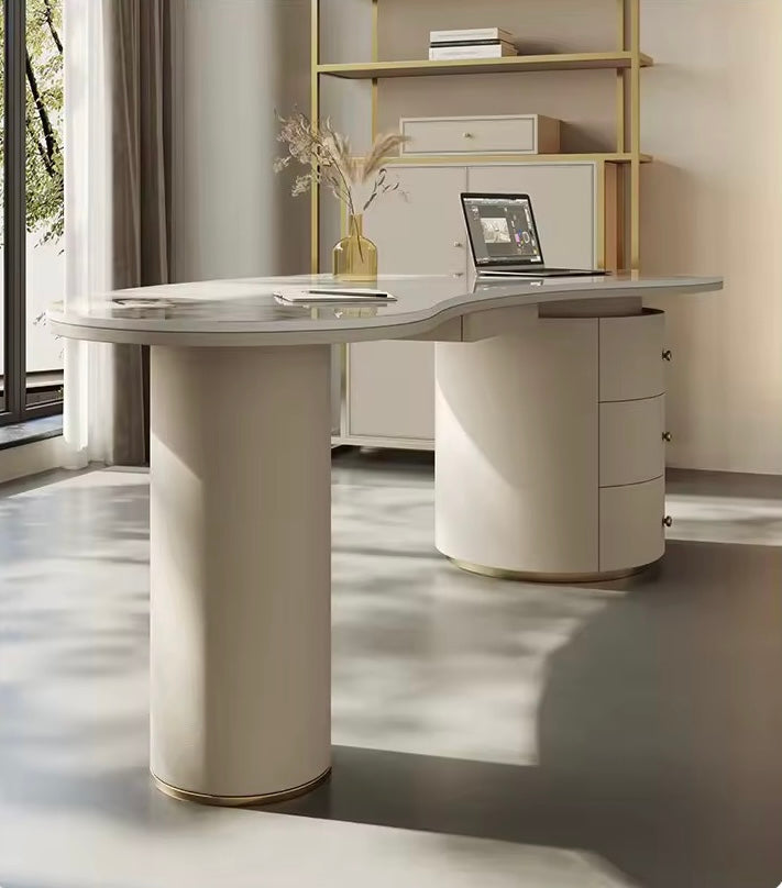 Leather-Edged Rock Slab Desk, Luxury White Executive Office Table