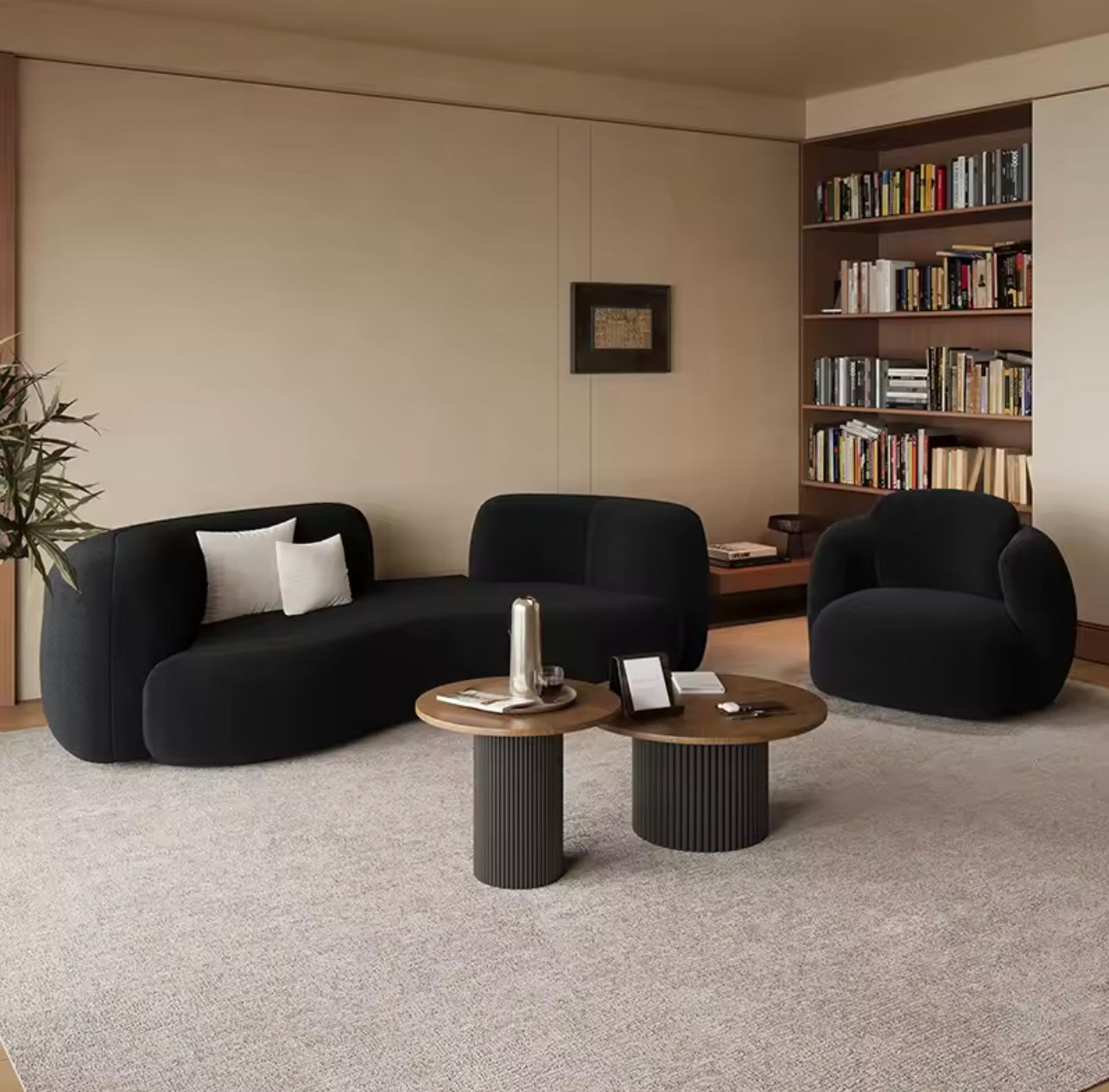 Modern Upholstered Curved Lambwool Sectional Sofa, Black