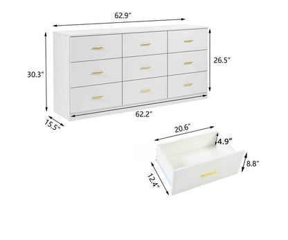 9 Drawer White Bedroom Dresser for Clothes Storage