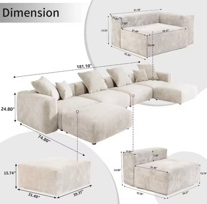 Beige U-Shaped Corduroy Cloud Couch with Ottoman and Pillows