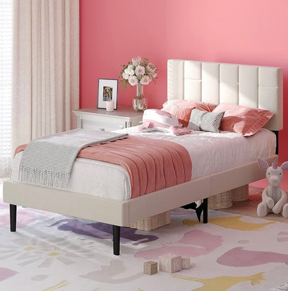 Beige Bed for Kids Bedroom - Twin Bed Frame for Girls Bedroom
