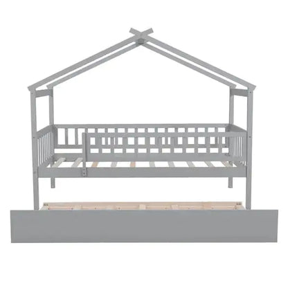 Twin Wooden House Bed with Pull Out Trundle, Kids Montessori Bed