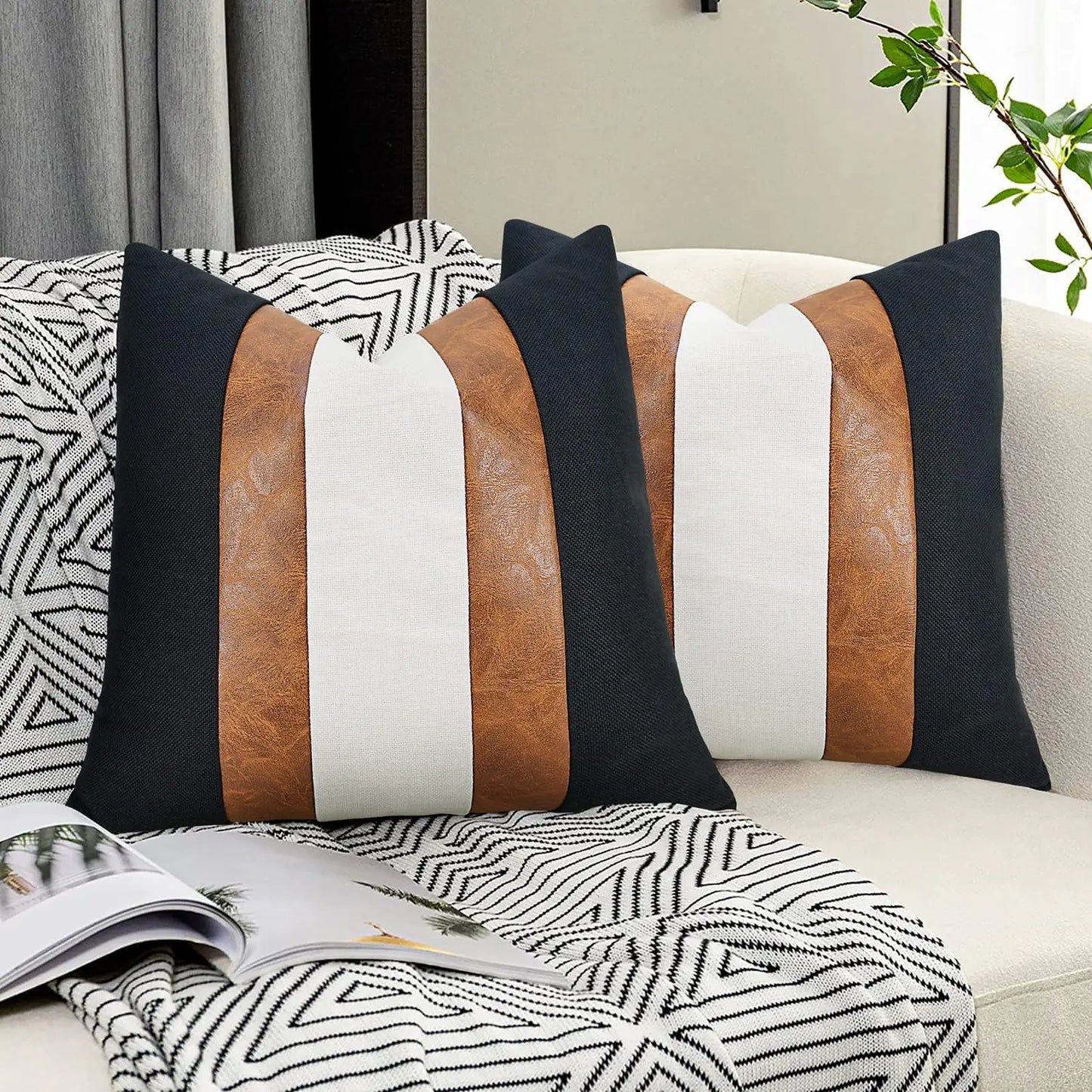 Faux Leather Linen 20x20 Stripe Covers Set