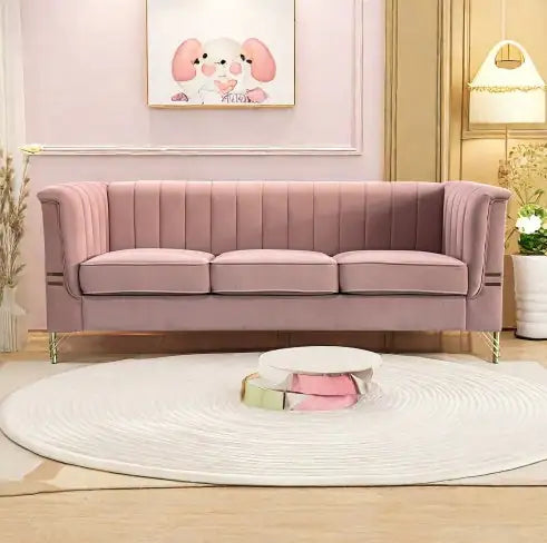 Velvet Sofa - Modern Upholstered Pink Sofa with Gold Legs